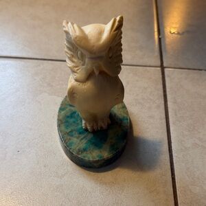 Elegant Vintage Alabaster Hand Carved Owl Figurine on Blue and Green Marble Base